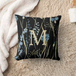 Monogram Blommigt Light Blue & Guld på Black Kudde