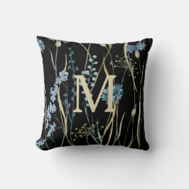 Monogram Blommigt Light Blue & Guld på Black Kudde