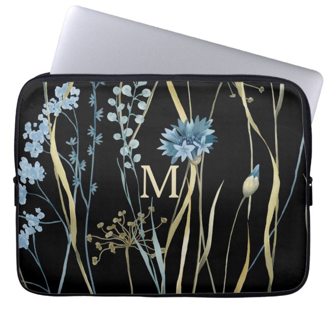 Monogram Blommigt Light Blue & Guld på Black Laptop Fodral (Framsidan)
