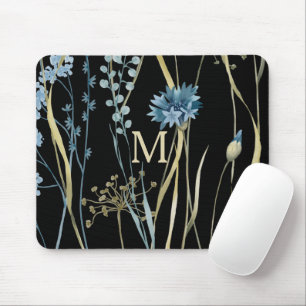 Monogram Blommigt Light Blue & Guld på Black Musmatta