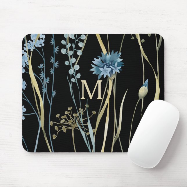 Monogram Blommigt Light Blue & Guld på Black Musmatta (Med mus)