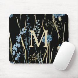 Monogram Blommigt Light Blue & Guld på Black Musmatta
