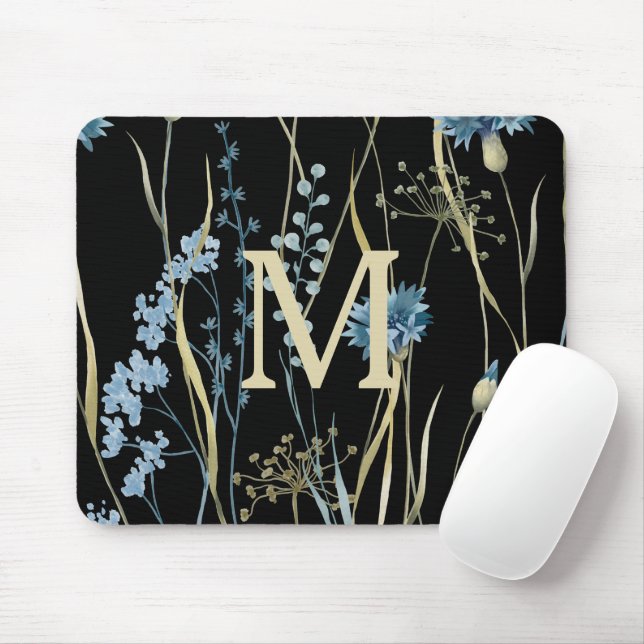 Monogram Blommigt Light Blue & Guld på Black Musmatta (Med mus)