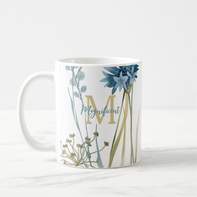 Monogram Blommigt Light Blue Guld White Kaffemugg (Vänster)