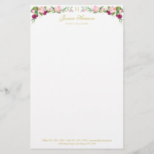 Monogram Blommigt Lila Rosa Sweet Pea Vintage Brevpapper