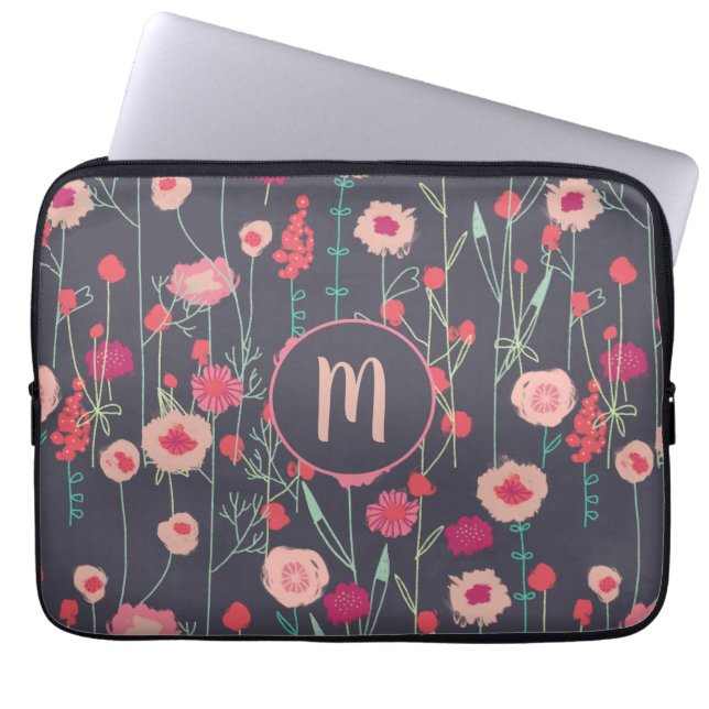 Monogram Blommigt Mörk Laptop Fodral (Framsidan)