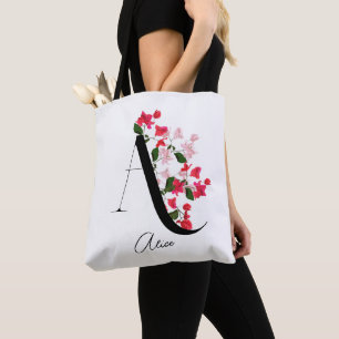 Monogram Blommigt Namn Tote Bag Brev A Tygkasse