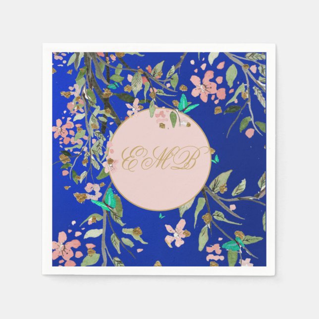 Monogram Blommigt Navy Blue Elegant Guld Birthday Pappersservett (Framsidan)