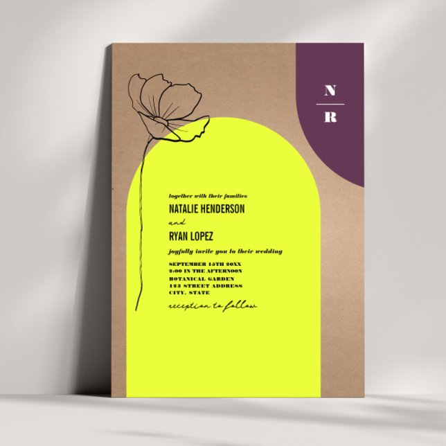Monogram Blommigt Neon + Geometric Bröllop Invi Inbjudningar (Skapare uppladdad)