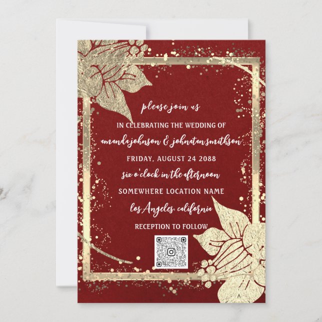 Monogram Blommigt Photo Guld Ram QR Code Burgundy Inbjudningar (Framsida)