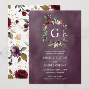 Monogram Blommigt Ram i rött, Bröllop Inbjudningar