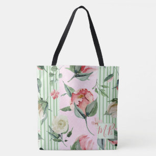 Monogram Blommigt Rosa Grönt Rand Pastel Tygkasse