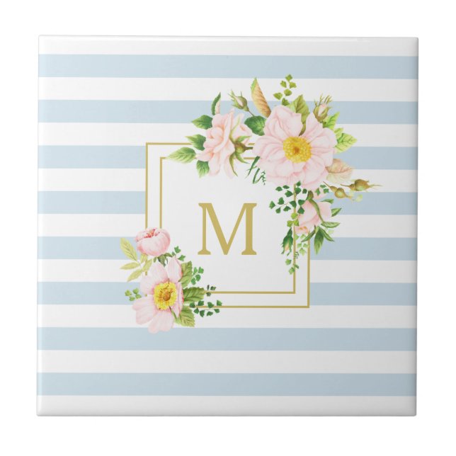 Monogram Blommigt Shabby chic Pastel Blue Rand Kakelplatta (Framsidan)