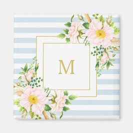Monogram Blommigt Shabby chic Pastel Blue Rand Magnet