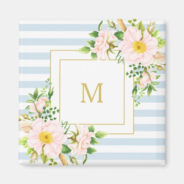 Monogram Blommigt Shabby chic Pastel Blue Rand Magnet (Framsidan)