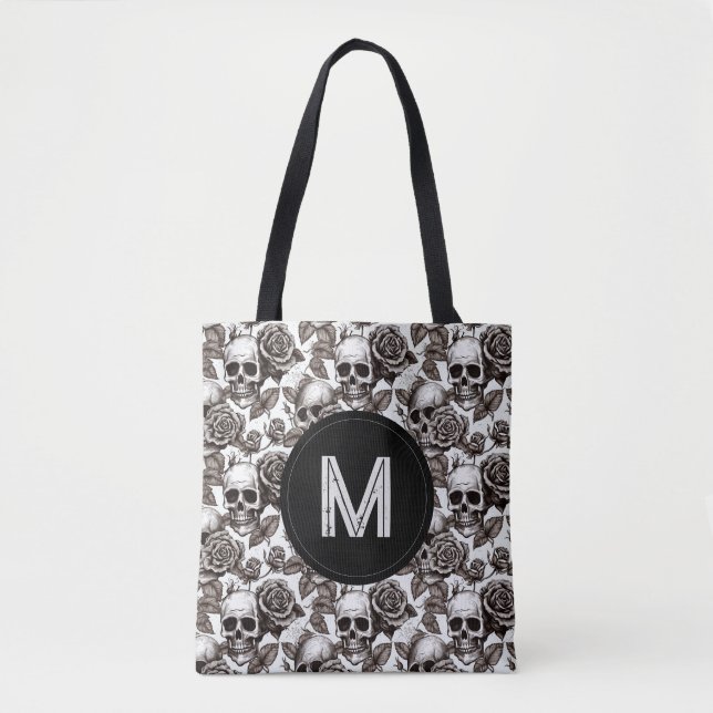 Monogram Blommigt Skull Black White Halloween Tygkasse (Framsida)