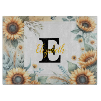 Monogram blommigt solrospastel, namn, vattenfärg