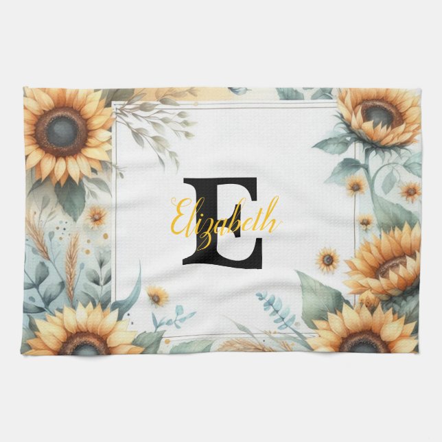Monogram blommigt solrospastel, namn, vattenfärg kökshandduk (Horisontell)