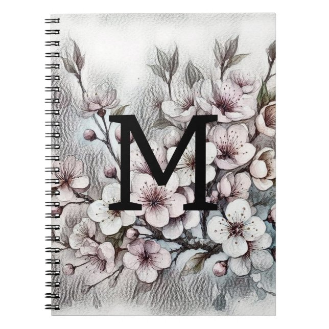 Monogram blommigt teckning rosa-körsbärs-blommar anteckningsbok (Framsidan)