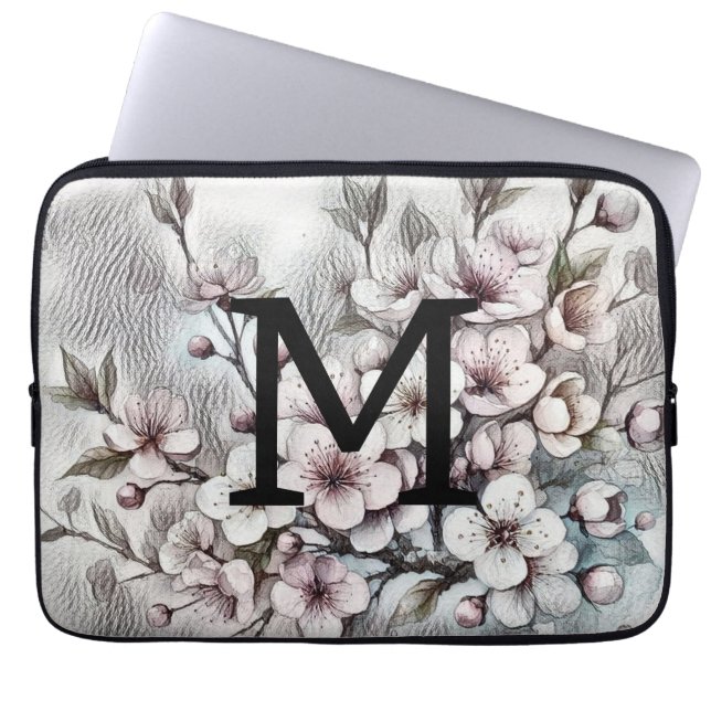 Monogram blommigt teckning rosa-körsbärs-blommar laptop fodral (Framsidan)