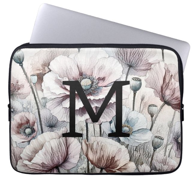 Monogram blommigt teckning rosa pastellvallmoblomm laptop fodral (Framsidan)