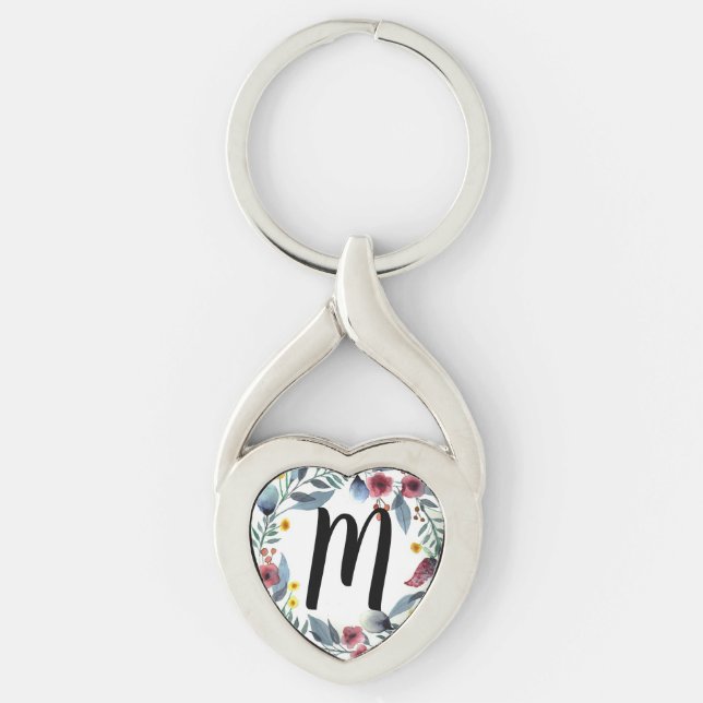 Monogram-Blommigt Twisted Heart Silverfärgad Nyckelring (Framsidan)