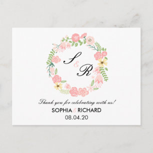 Monogram Blommigt Utandning Bröllop Tack, vykort