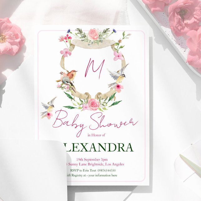 Monogram Blommigt Vapensköld Vattenfärgsbabyskor Inbjudningar (Skapare uppladdad)