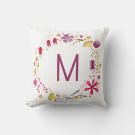 Monogram Blommigt Vattenfärg Kudde