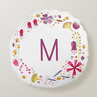 Monogram Blommigt Vattenfärg Rund Kudde