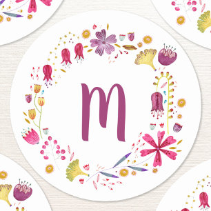 Monogram Blommigt Vattenfärg Runt Klistermärke