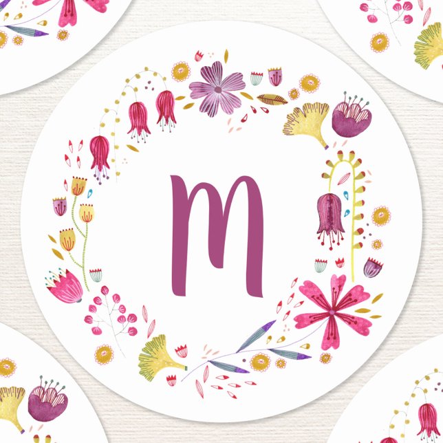 Monogram Blommigt Vattenfärg Runt Klistermärke (Personalized monogram initials watercolor wildflower wreath sticker)