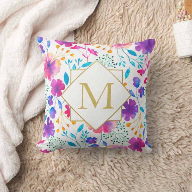 Monogram Blommigt - vattenfärg, tunn dyna fyllning Kudde (Filt)