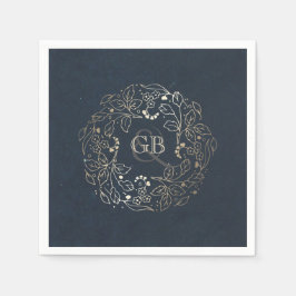 Monogram Blommigt Vintage Navy och Guld Bröllop Pappersservett