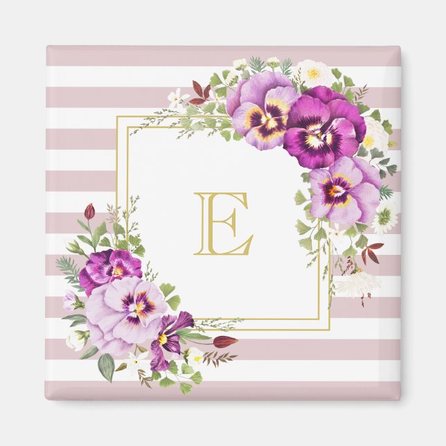 Monogram Blommigt Vintage Pansies Lila Rand Magnet (Framsidan)