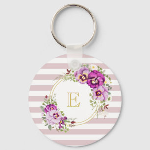 Monogram Blommigt Vintage Pansies Lila Rand Nyckelring
