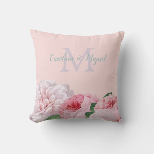 Monogram Blommigt Vintage Rosa ros Par Namn Kudde (Framsida)