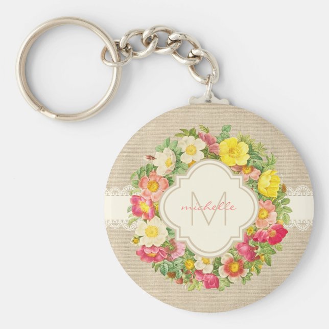 Monogram Blommigt Wandeen Linen Snöre Keychain för Nyckelring (Framsidan)