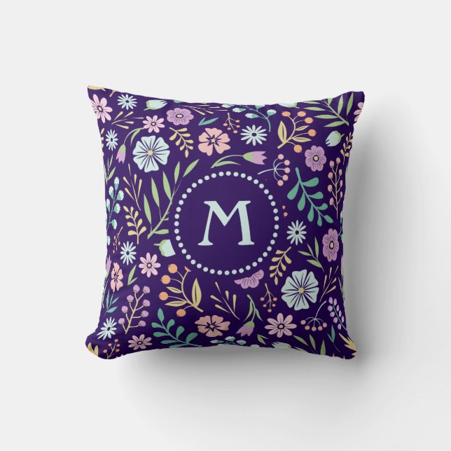 Monogram Blommigt Whimsical Boho Dekorativ kudde (Framsida)