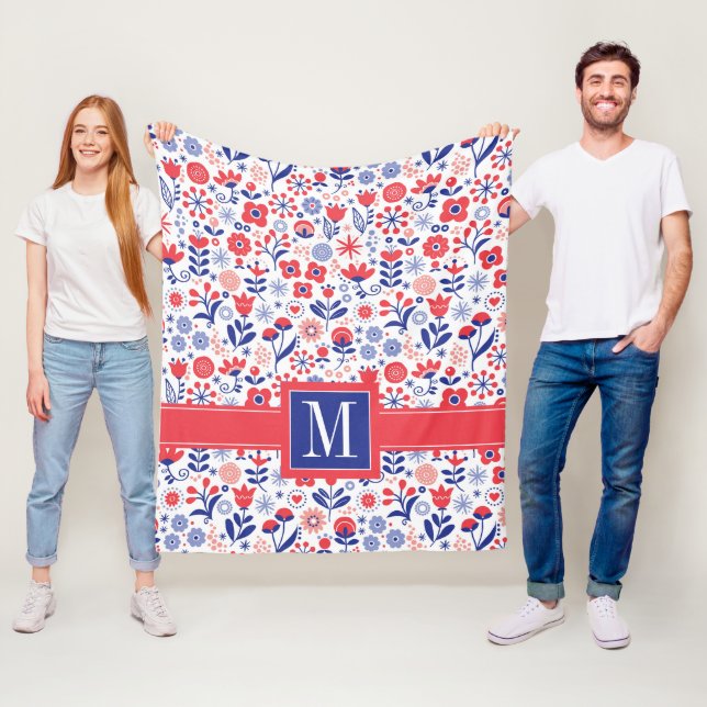 Monogram| Blommönstret Blå och korall Fleecefilt (På plats)