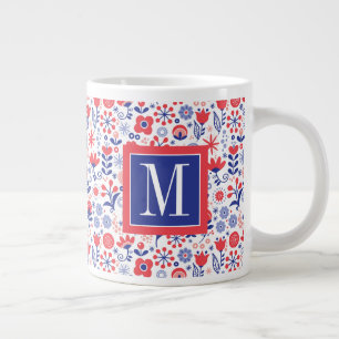 Monogram  Blommönstret Blå och korall Jumbo Mugg
