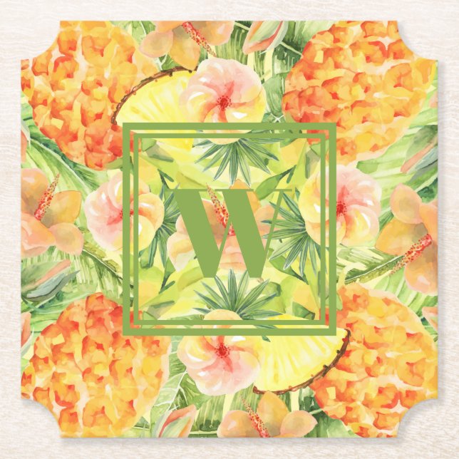 Monogram Blommor Ananas Underlägg Papper (Framsida)