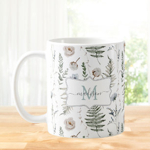 Monogram Blommor och Ormbunksblad Floral Botanisk Kaffemugg