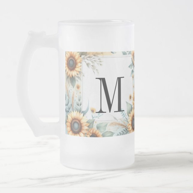 Monogram Blommor och solblommor, vattenfärg Frostat Ölglas (Vänster)