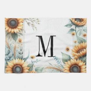 Monogram Blommor och solblommor, vattenfärg Kökshandduk