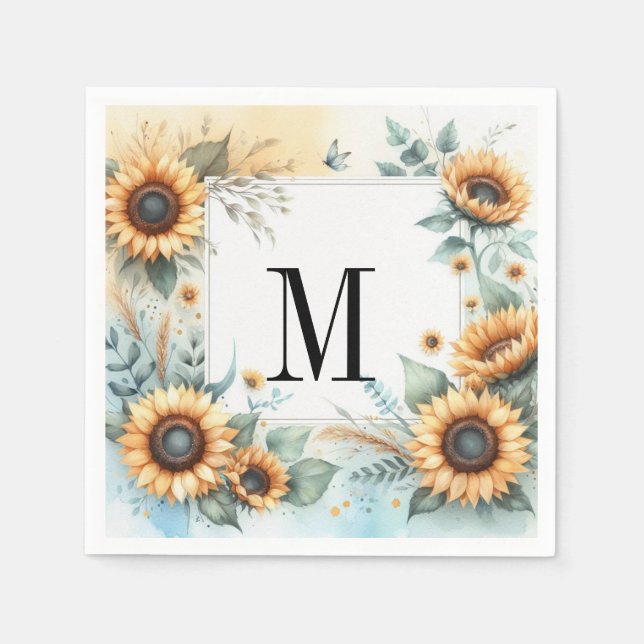 Monogram Blommor och solblommor, vattenfärg Pappersservett (Framsidan)