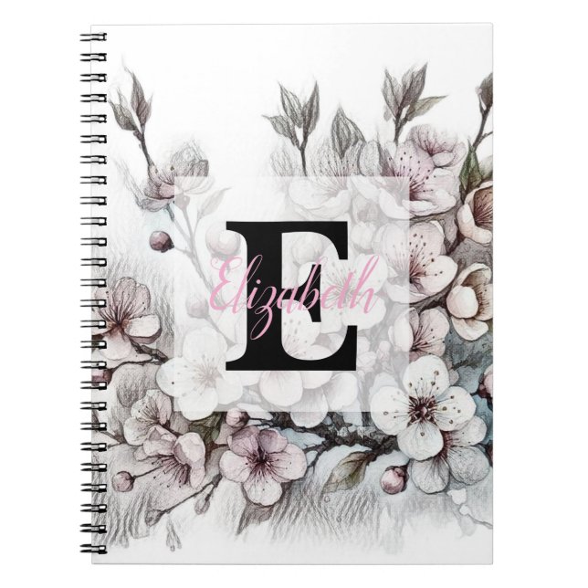 Monogram blommritning rosa körsbärsblomning  anteckningsbok (Framsidan)