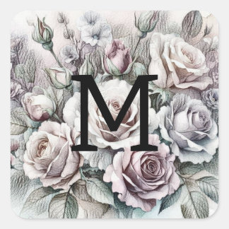 Monogram blommritning rosa lila blå rosor fyrkantigt klistermärke