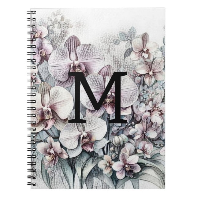 Monogram blommritning rosa orkidéblommor  anteckningsbok (Framsidan)