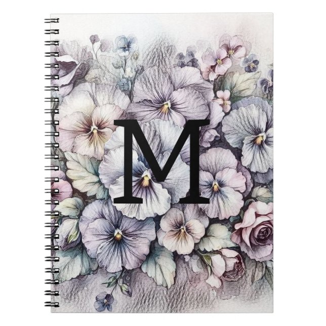 Monogram blommritning rosa penséer blommor  anteckningsbok (Framsidan)